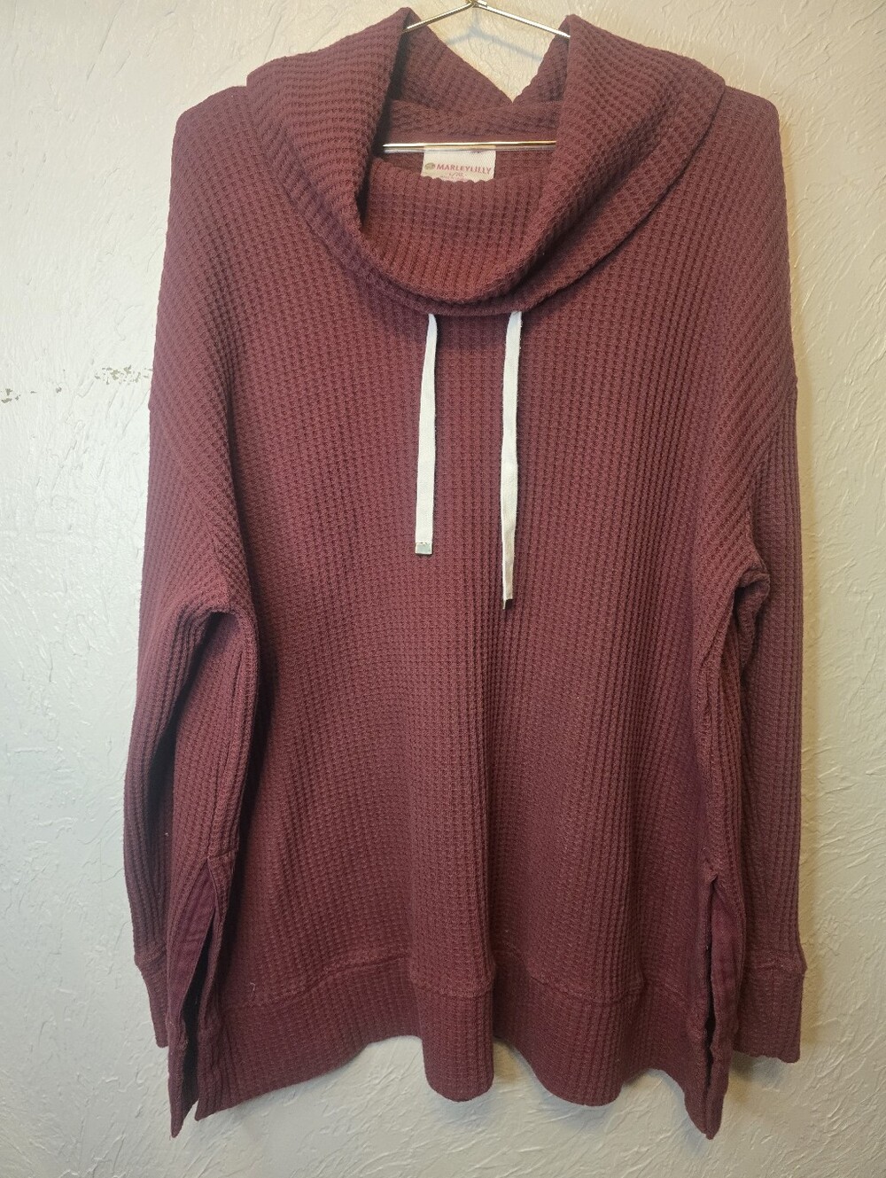 Marleylilly Burgundy Waffle Knit Cowl Neck Pullover L/XL Oversized Tunic Sweater